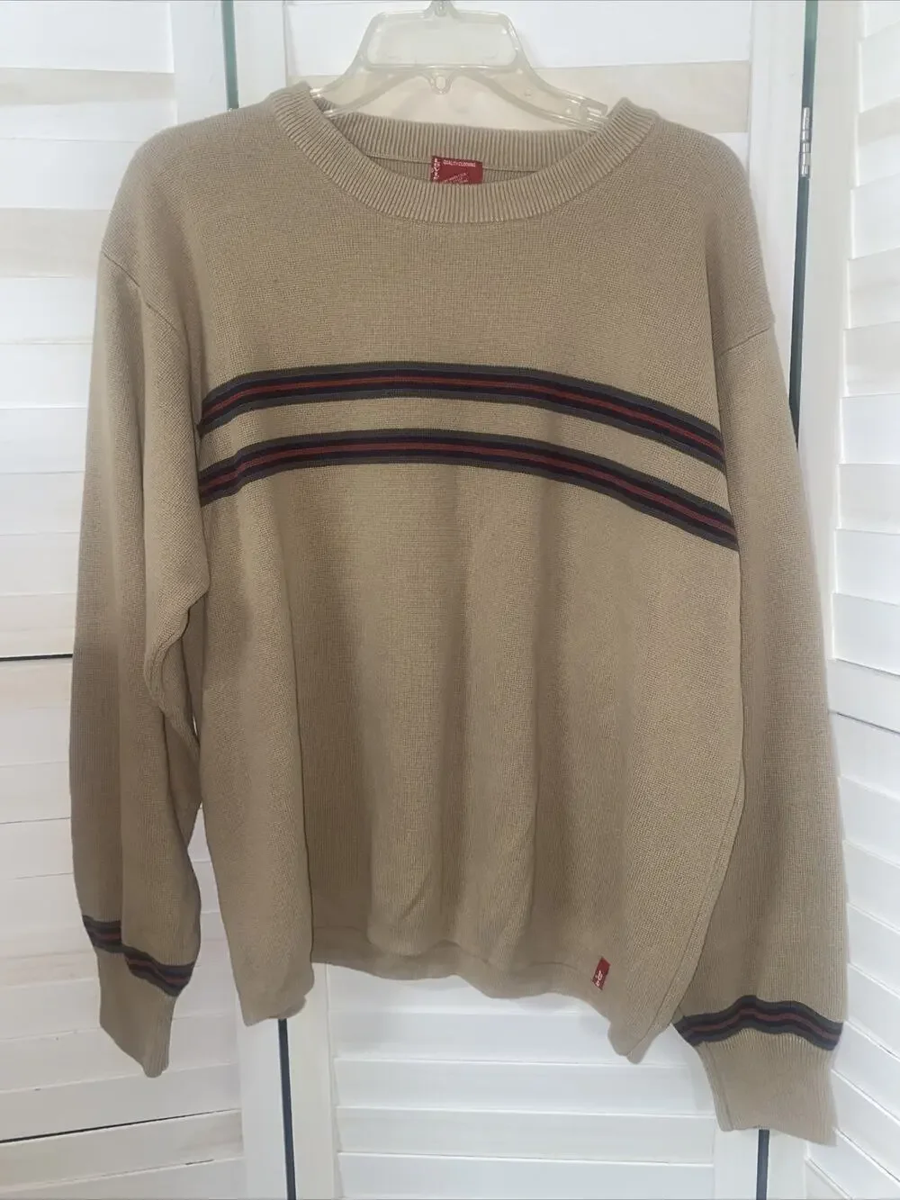 LEVI'S Mens Crew Neck 100% Cotton Sweater X Large Tan Striped Y2K